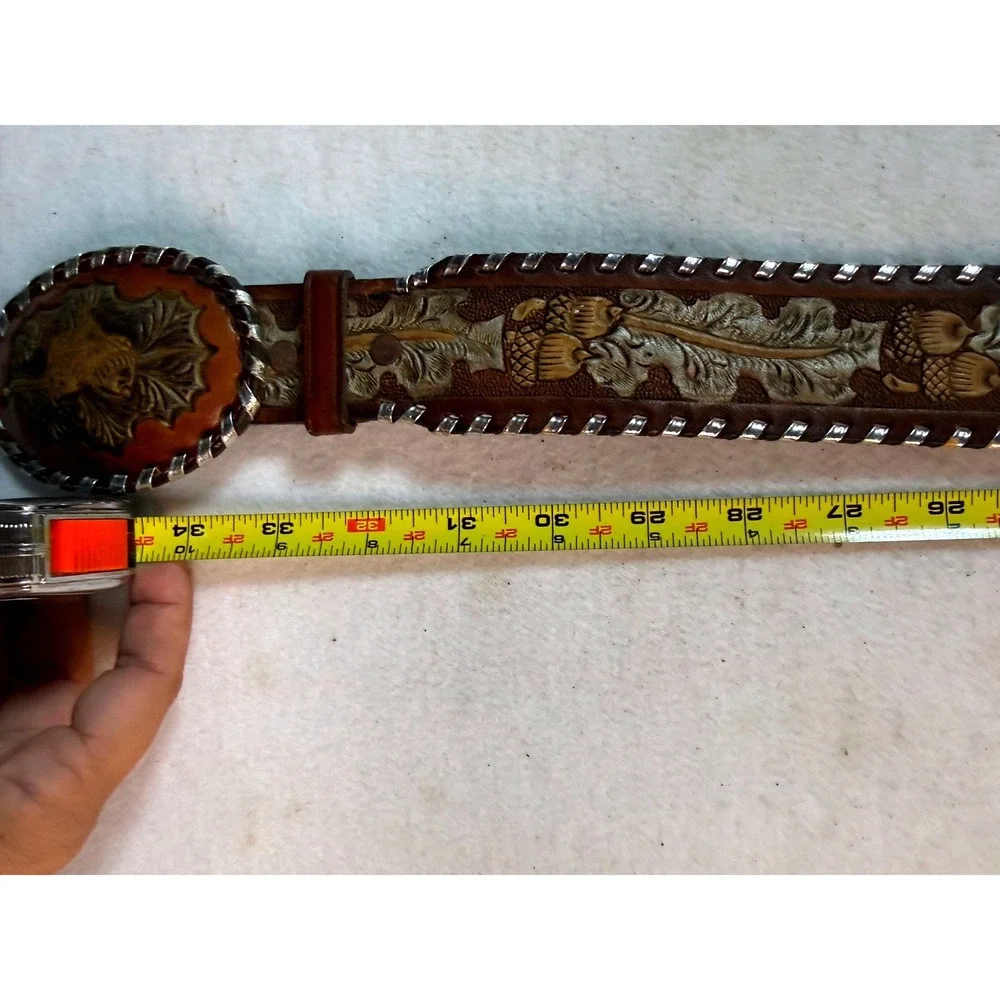 Vintage Tony Lama Western Belt & Buckle Men 34 Acorn Oak Silver Whipstitch USA